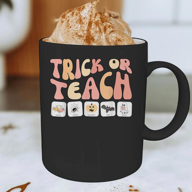 Trick Or Teach With Symbols Special Education Teacher Spooky Graphic Print Coffee Mug, novelty gifts, funny gifts