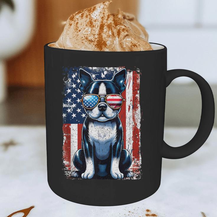 Vintage Boston Terrier Dog American USA US Flag Pets Lovers Graphic Print Coffee Mug, novelty gifts, funny gifts