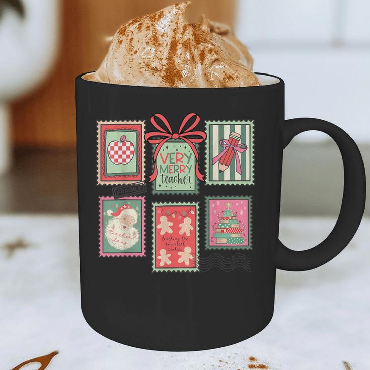Vintage Preppy Very Merry Teacher Santa Stamps Christmas Graphic Print Coffee Mug, novelty gifts, funny gifts