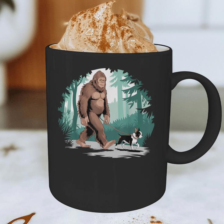 Whimsical Forest Adventures Sasquatch Bigfoot Walking Boston Terrier Dog Lovers Graphic Print Coffee Mug, novelty gifts, funny gifts