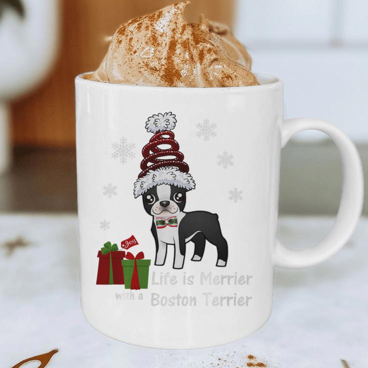 Boston Terrier Christmas T Shirt-Life Is Merrier Premium Tri-Blend Graphic Print Coffee Mug, novelty gifts, funny gifts