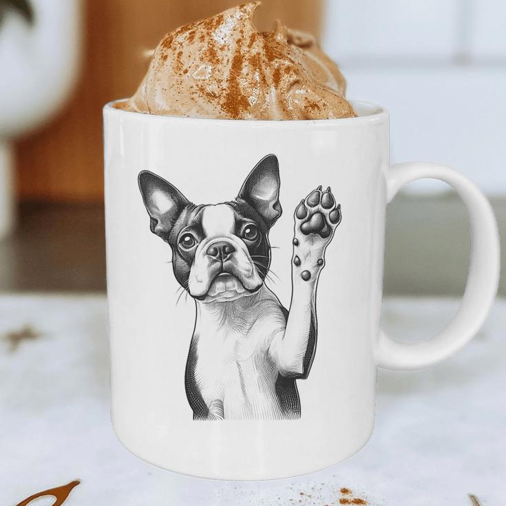 Boston Terrier Dog Raising Paw Idea Men Women Graphic Print Coffee Mug, novelty gifts, funny gifts