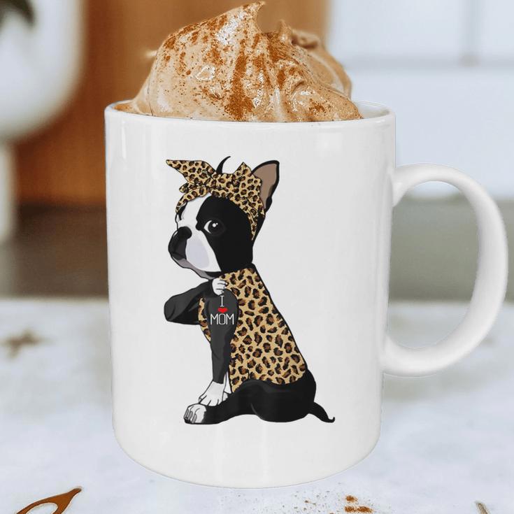 Boston Terrier Lover I Love Mom Tattoo Leopard Graphic Print Coffee Mug, novelty gifts, funny gifts