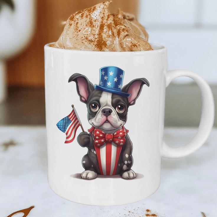 Boston Terrier Puppy Dog Holds His American Flag 4th Of July Graphic Print Coffee Mug, novelty gifts, funny gifts