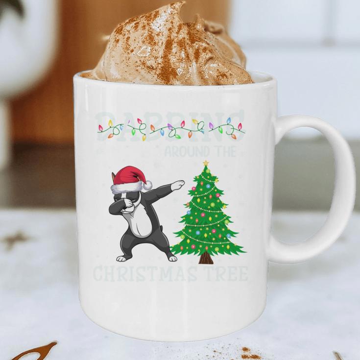 Boston Terrier Santa Hat Dabbing Around The Christmas Tree Graphic Print Coffee Mug, novelty gifts, funny gifts