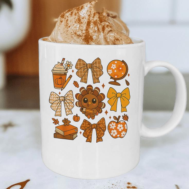 Coquette Teach Teacher Bows Thanksgiving Turkey Fall Autumn Graphic Print Coffee Mug, novelty gifts, funny gifts