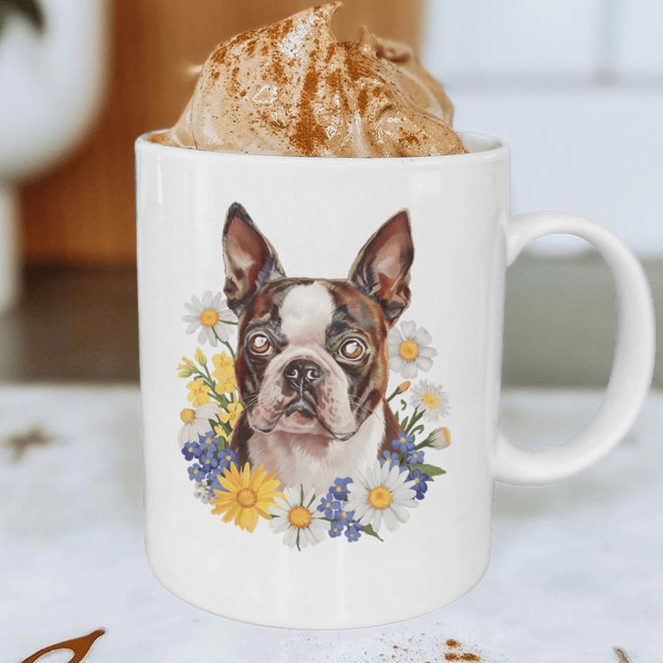 Floral Boston Terrier Graphic Print Coffee Mug, novelty gifts, funny gifts
