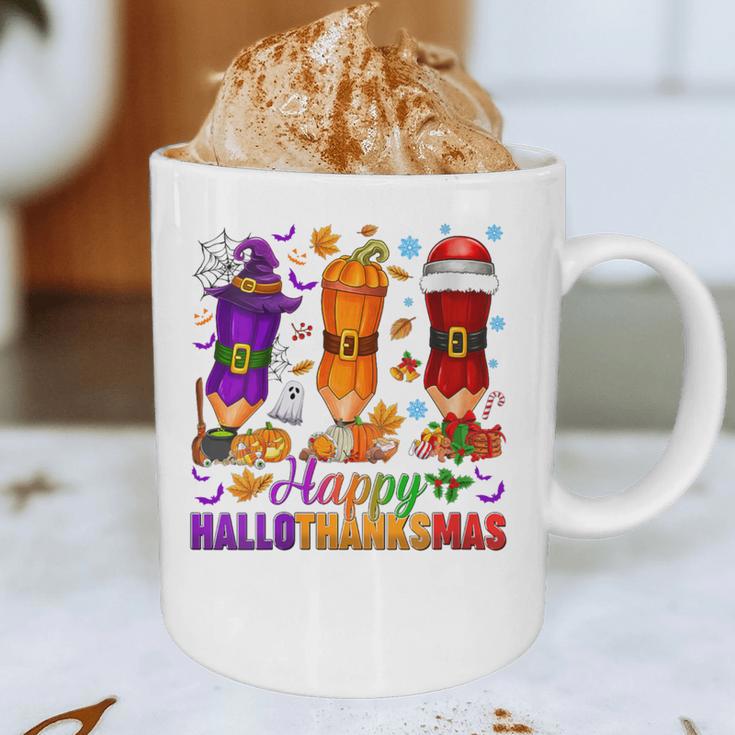 Happy Hallothanksmas Halloween Thanksgiving Pencils Teachers Graphic Print Coffee Mug, novelty gifts, funny gifts