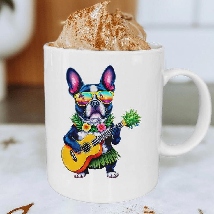 Hawaiian Boston Terrier & Pineapple Ukulele Summer Vacation Graphic Print Coffee Mug, novelty gifts, funny gifts