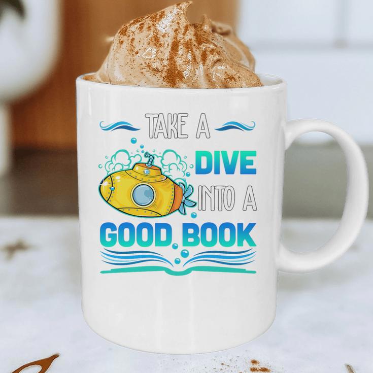Librarian Teacher Dive Into A Good Book Reading Premium Tri-Blend Graphic Print Coffee Mug, novelty gifts, funny gifts