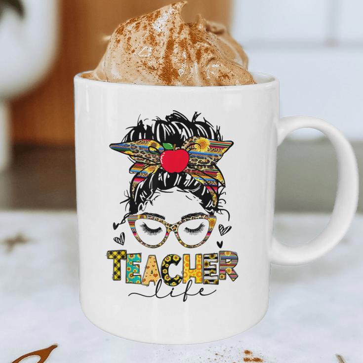 Teacher Life Messy Bun Glasses Leopard Sunflower Graphic Print Coffee Mug, novelty gifts, funny gifts