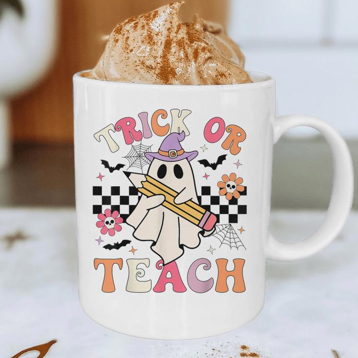 Trick Or Teach Groovy Teacher Halloween Retro Floral Ghost Graphic Print Coffee Mug, novelty gifts, funny gifts