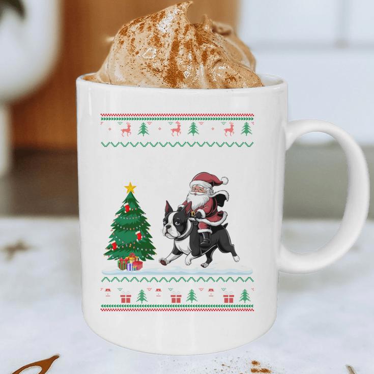 Ugly Christmas Tree Lights Xmas Santa Riding Boston Terrier Graphic Print Coffee Mug, novelty gifts, funny gifts