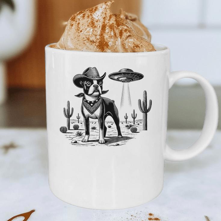 Vintage Boston Terrier UFO Western Wild West Dog Mom Dad Graphic Print Coffee Mug, novelty gifts, funny gifts