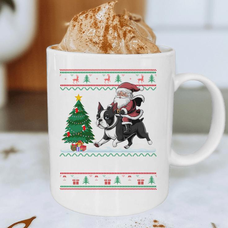 Xmas Tree Lighting Santa Riding Boston Terrier Christmas Graphic Print Coffee Mug, novelty gifts, funny gifts