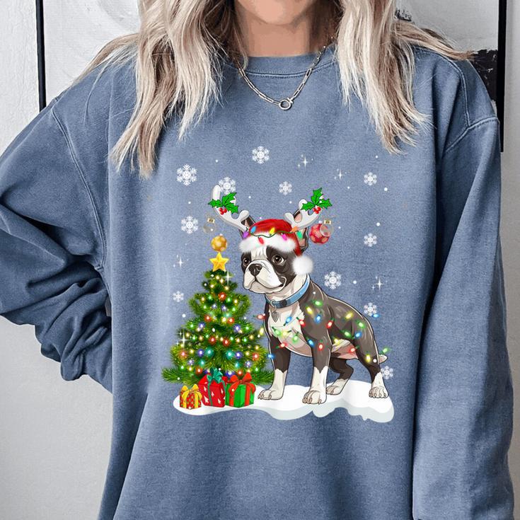 Boston Terrier Christmas Tree Lights Santa Hat Comfort Colors Sweatshirt