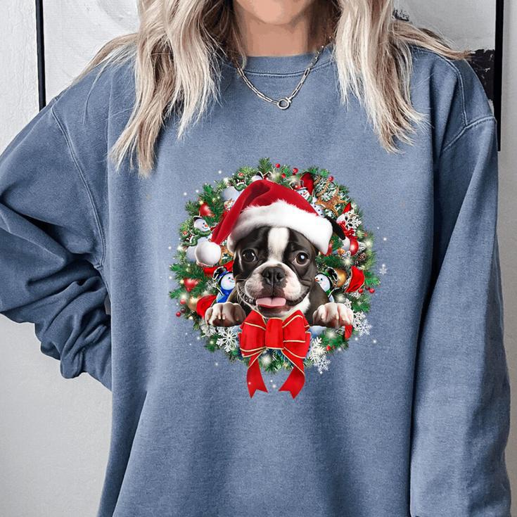 Boston Terrier Christmas Wreath Decoration Xmas Pajamas Comfort Colors Sweatshirt