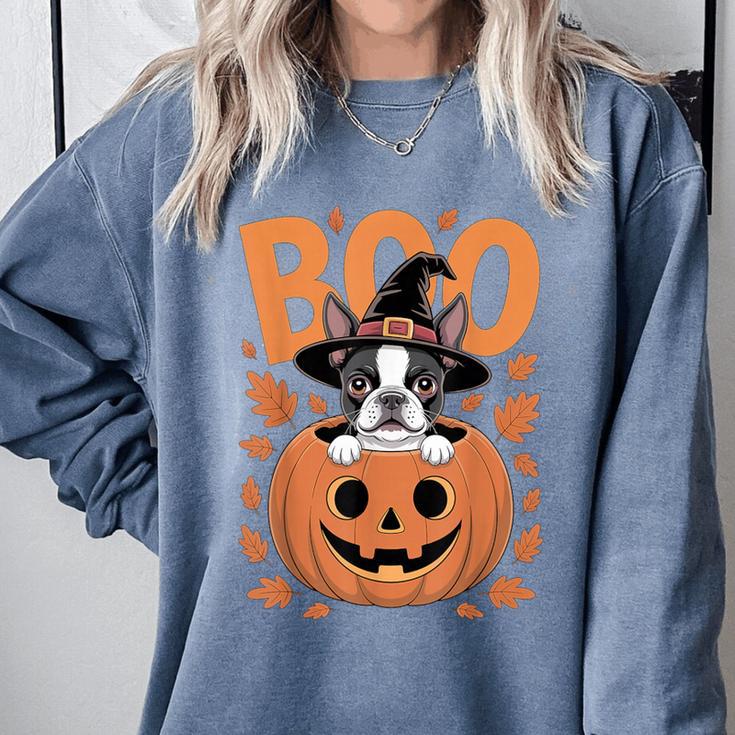 Boston Terrier Costume On Pumpkin Halloween Boston Terrier Comfort Colors Sweatshirt