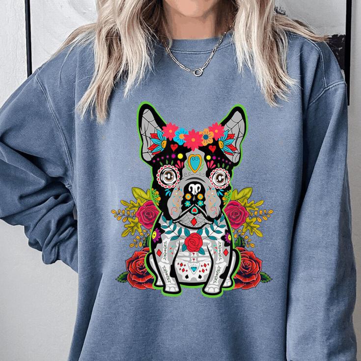 Boston Terrier Dia De Los Muertos Day Of The Dead Dog Skull For Men Women Kids Comfort Colors Sweatshirt