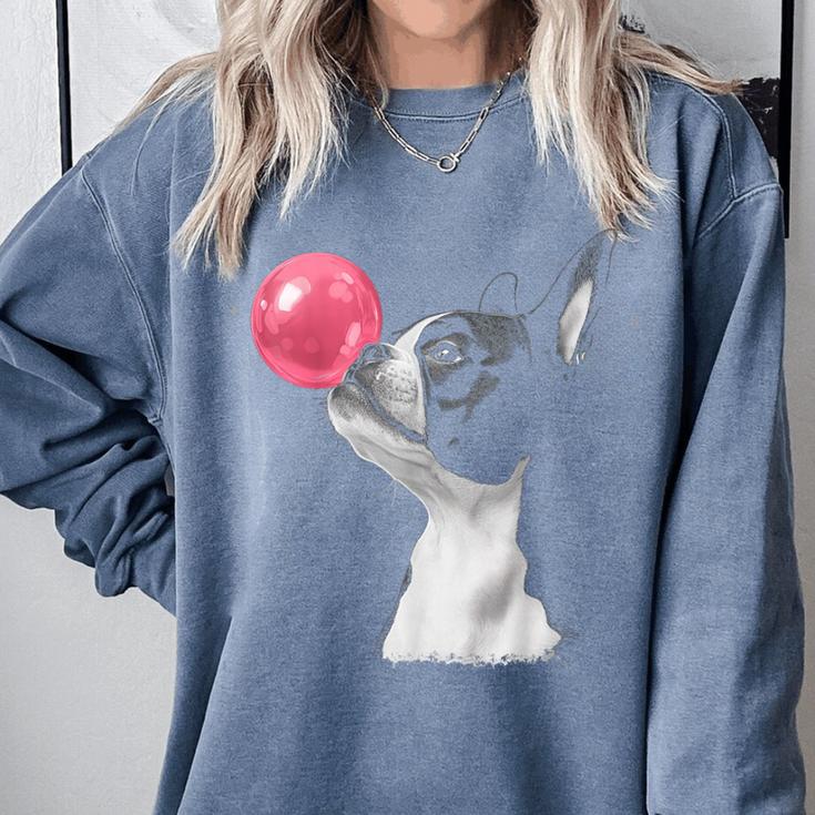 Boston Terrier Dog Blowing Chewing Bubble Gum Pink Comfort Colors Sweatshirt