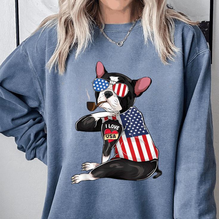 Boston Terrier Dog Merica 4th Of July Usa American Flag Men Comfort Colors Sweatshirt