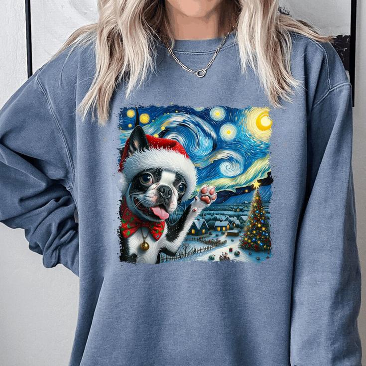 Boston Terrier Santa Starry Night Van Gogh Christmas Dog Men Women Kids Comfort Colors Sweatshirt