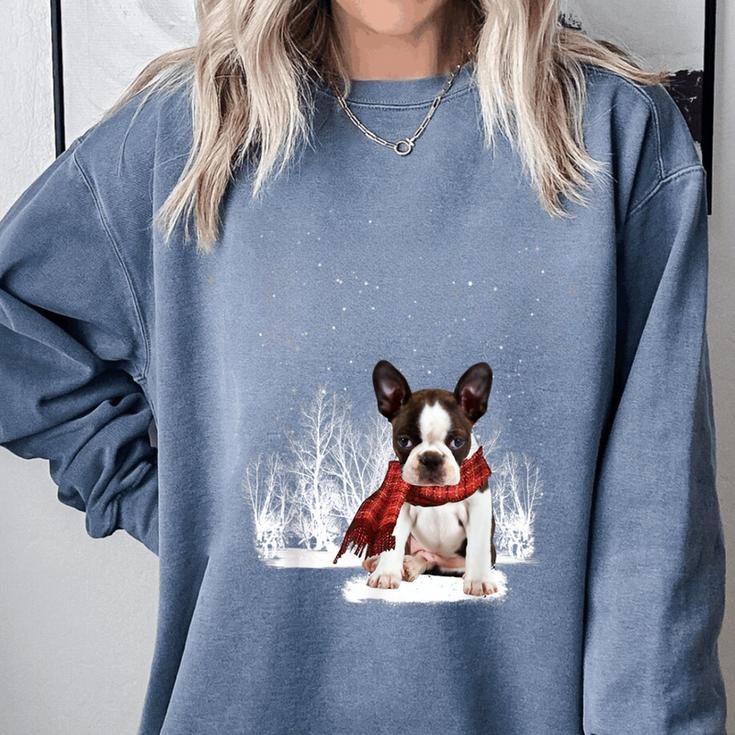 Boston Terrier In The Snow Merry Christmas Winter Comfort Colors Sweatshirt