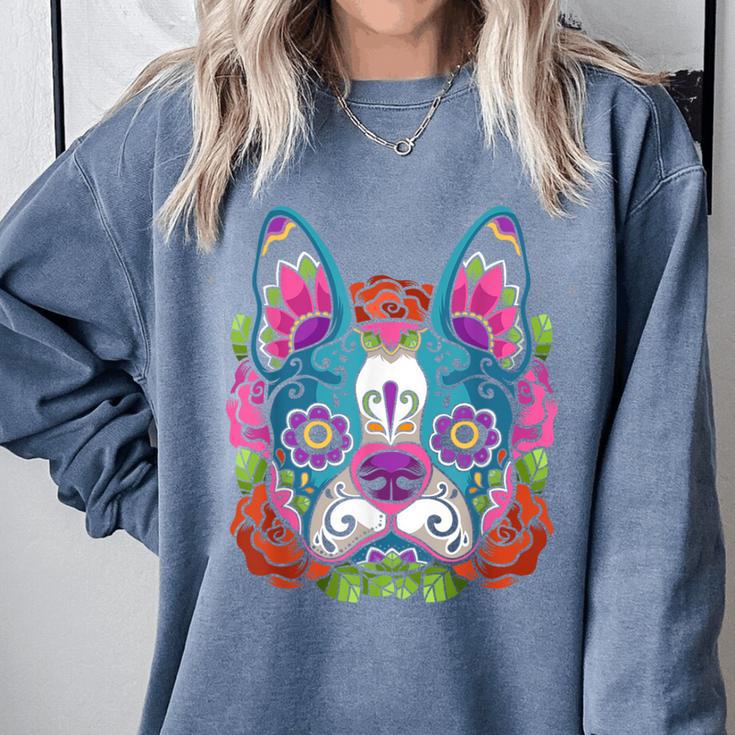 Boston Terrier Sugar Skull Dog Day Of The Dead Comfort Colors Sweatshirt