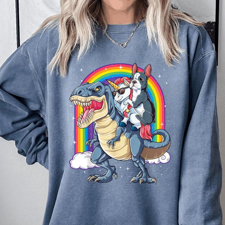 Boston Terrier Unicorn Riding Dinosaur T-Rex Girls Rainbow Comfort Colors Sweatshirt