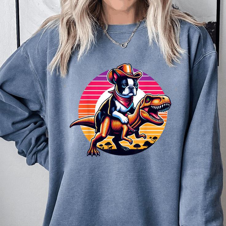 Boston Terrier Wearing A Cowboy Hat On T-Rex Comfort Colors Sweatshirt