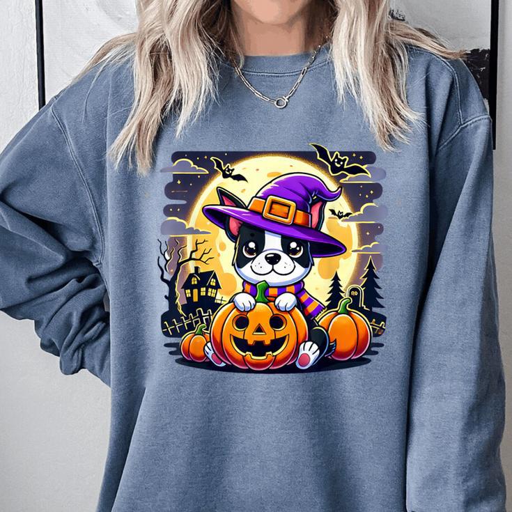 Halloween Boston Terrier Dog Breed With Jack O' Lantern Art Comfort Colors Sweatshirt