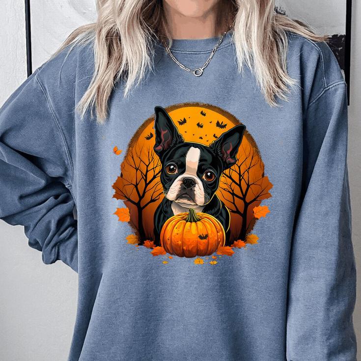 Pumpkin Boston Terrier Costume On Boston Terrier Halloween Comfort Colors Sweatshirt