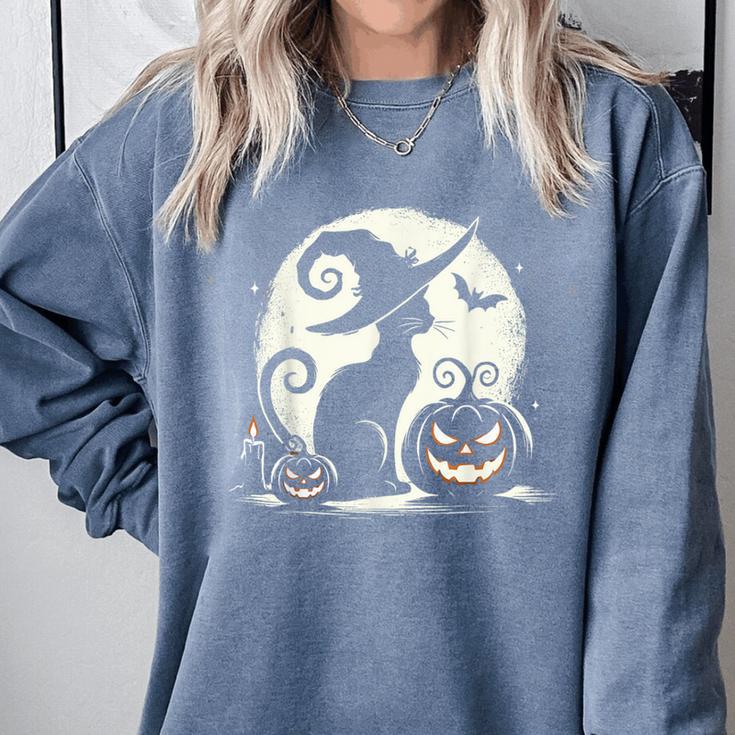Scary Halloween Cat Costume Retro Cat Moon For Men Women Kids Comfort Colors Sweatshirt
