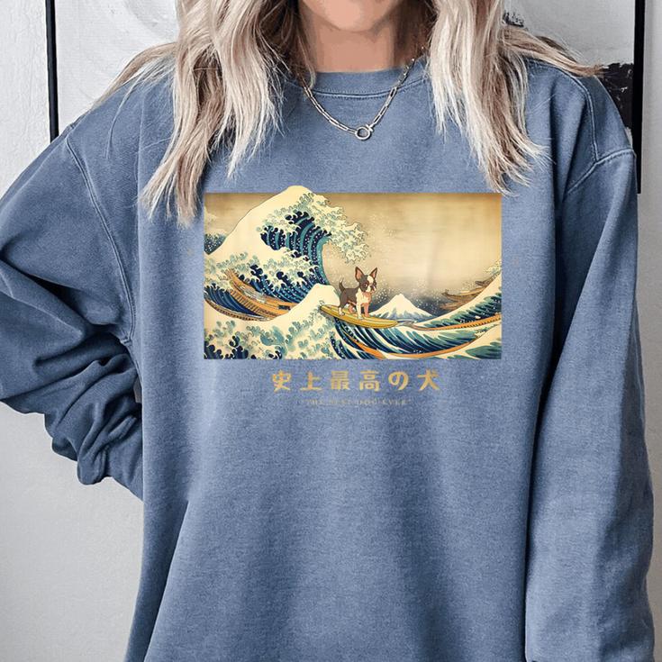 Surfing Boston Terrier Kanagawa Wave Japanese Dog  For Men Women Kids Comfort Colors Sweatshirt
