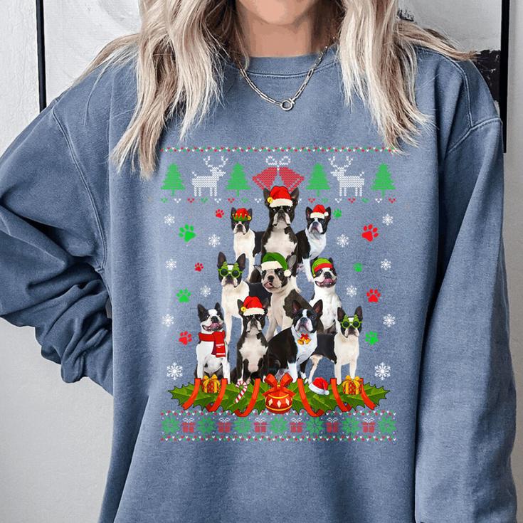 Ugly Sweater Christmas Tree Boston Terrier Dog Xmas Pajama Comfort Colors Sweatshirt