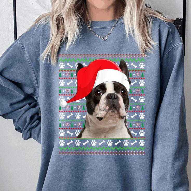 Ugly Xmas Sweater Santa Boston Terrier Dog Christmas For Men Women Kids Comfort Colors Sweatshirt