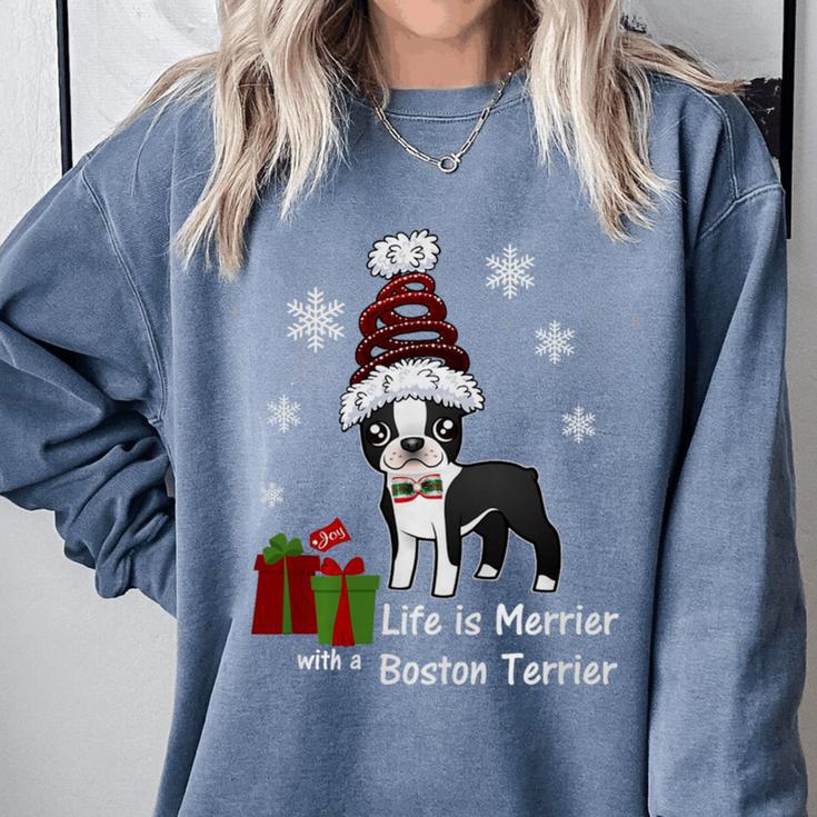 Boston Terrier Christmas T Shirt-Life Is Merrier Premium Tri-Blend Comfort Colors Sweatshirt