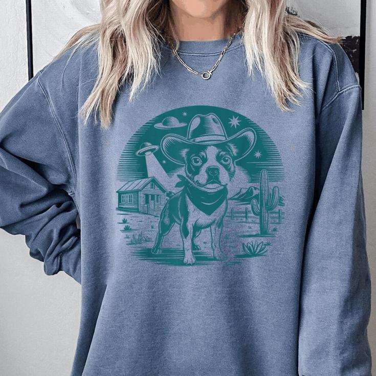 Boston Terrier Cowboy UFO Shirt Vintage Western Dog Mom Tee Comfort Colors Sweatshirt