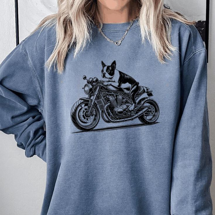 Cool Boston Terrier Riding a Motorcycle Biker Dog Lover For Men Women Kids Comfort Colors Sweatshirt
