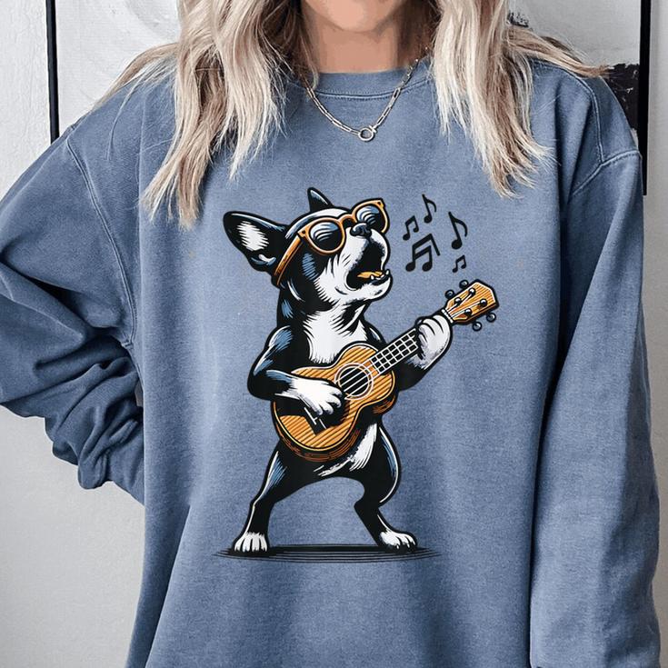Dog Playing Guitar Singing Boston Terrier  For Men Women Girls Kids Comfort Colors Sweatshirt