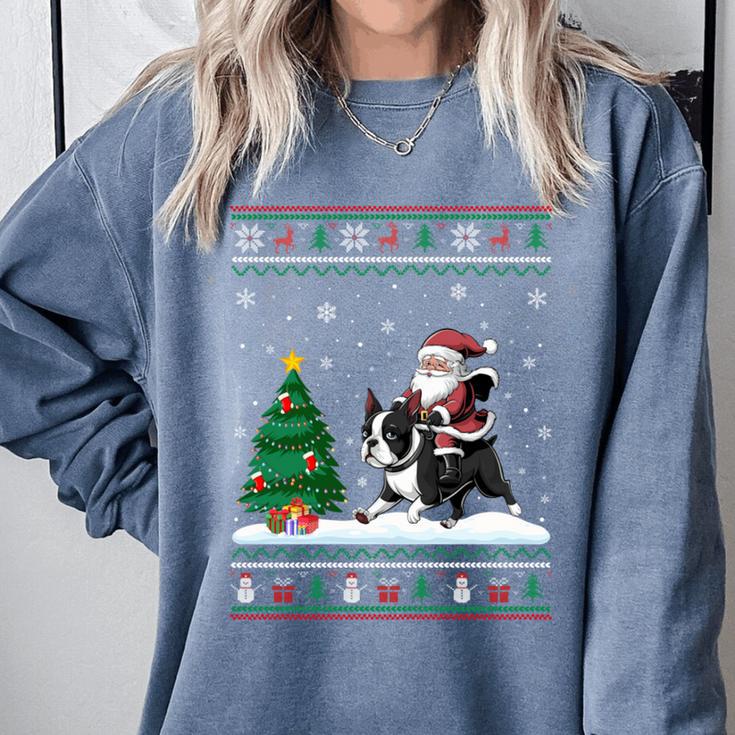 Ugly Christmas Tree Lights Xmas Santa Riding Boston Terrier Comfort Colors Sweatshirt