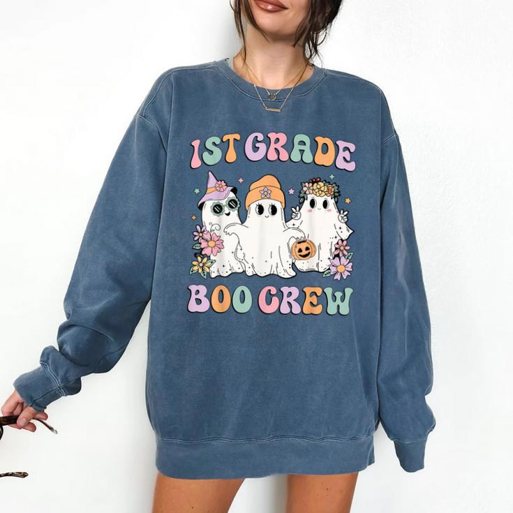 1st Grade Boo Crew Groovy Halloween Floral Ghost Kid Teacher Comfort Colors Sweatshirt