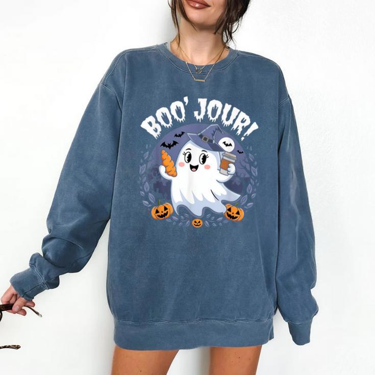 Boo Jour Ghost Halloween French Teacher Cute Coffe Croissant Comfort Colors Sweatshirt