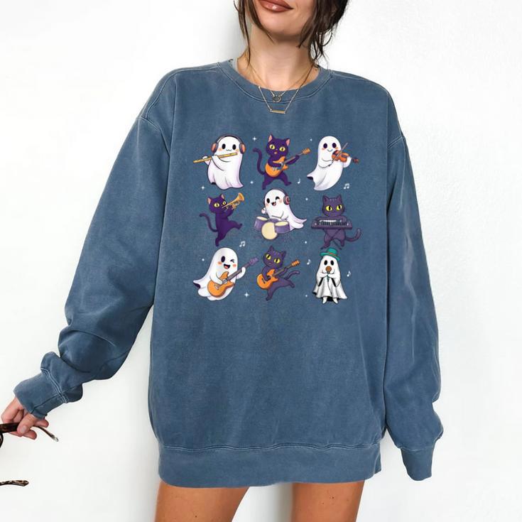 Cute Ghost Cat Playing Musical Halloween Music Teacher Comfort Colors Sweatshirt