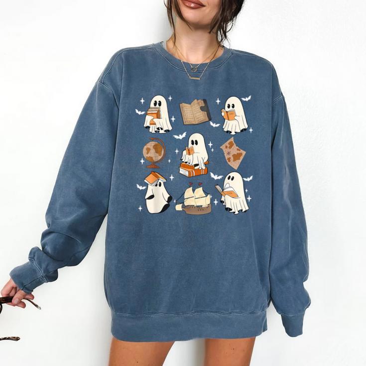Cute Ghosts Reading Book Bookworm Halloween History Teacher Comfort Colors Sweatshirt