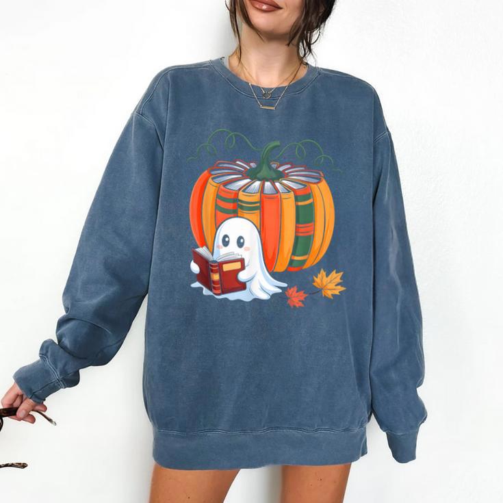 Fall Book Pumpkin Ghost Reading Books Halloween Teacher Comfort Colors Sweatshirt