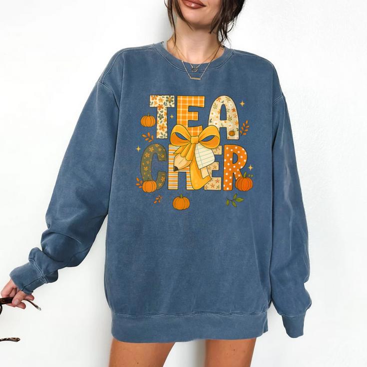 Fall Teacher Pumpkin Coquette Bow Autumn Classroom Comfort Colors Sweatshirt