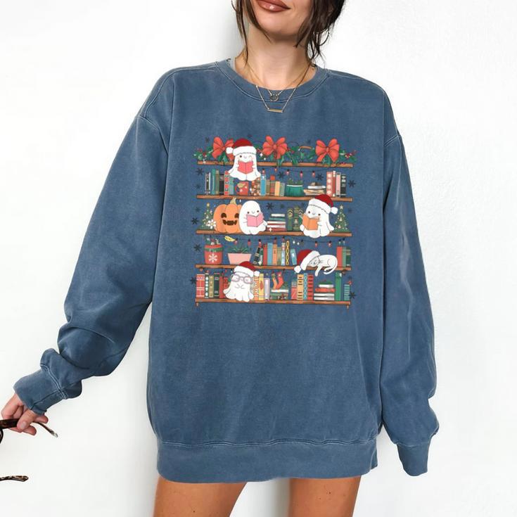 Ghost Christmas Reading Book Lover Library Christmas Teacher Comfort Colors Sweatshirt