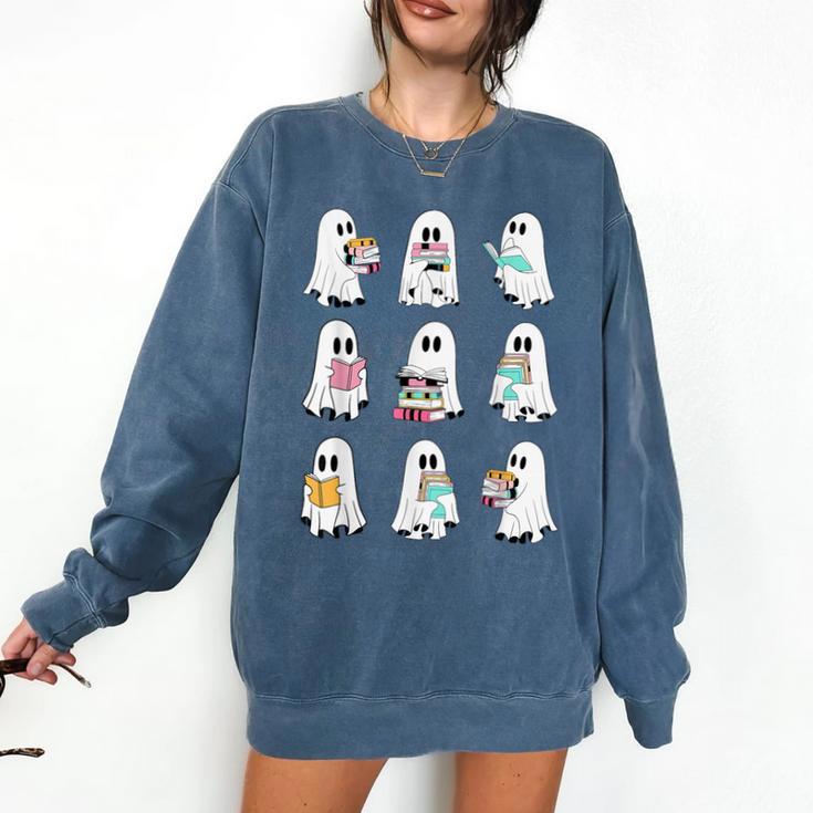 Ghost Reading Books Spooky Librarian Teacher Women Comfort Colors Sweatshirt