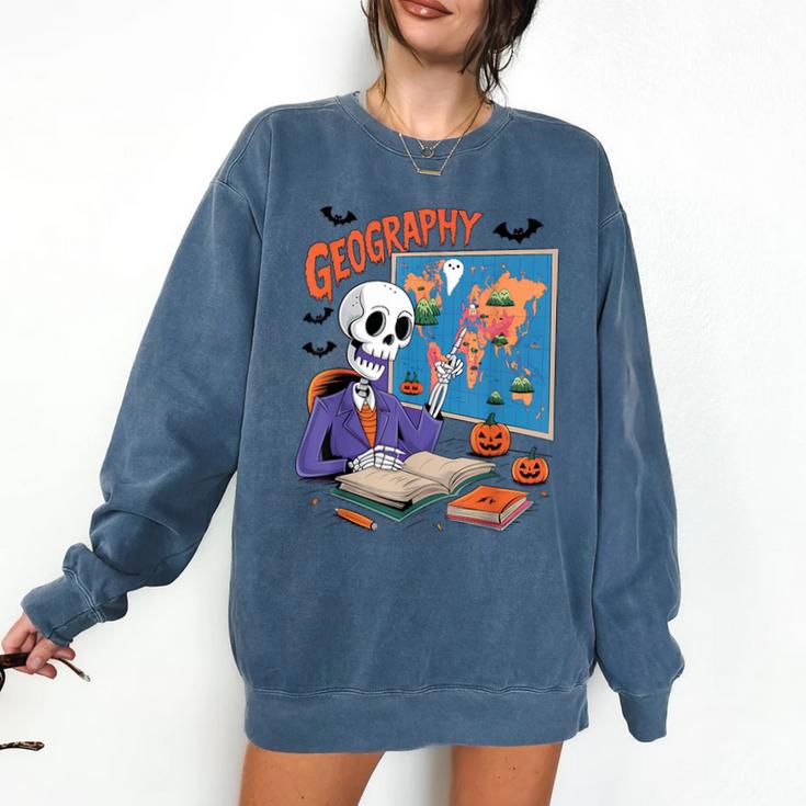 Halloween Skeleton Geography Teacher Pumpkin Bats Classroom Comfort Colors Sweatshirt